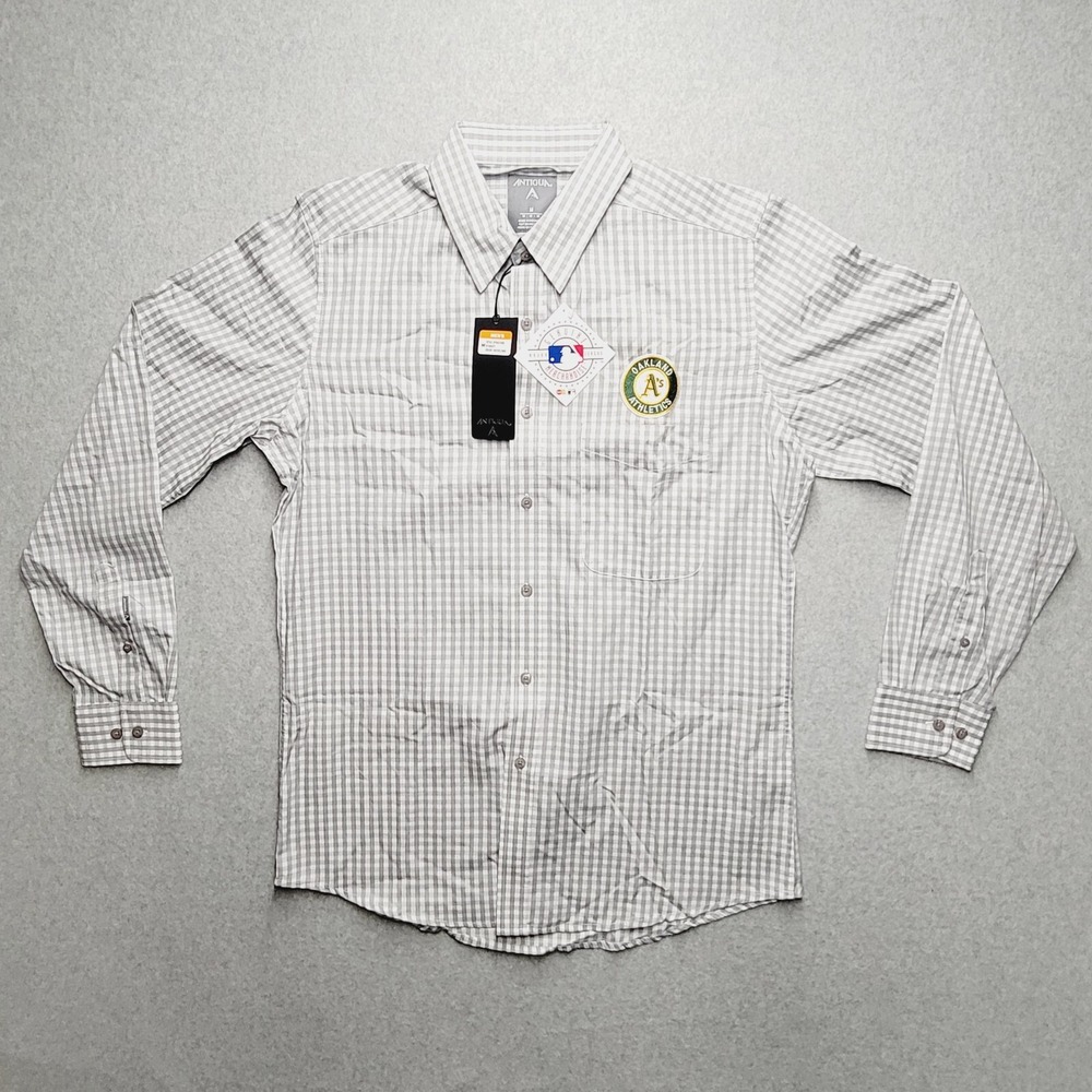 Antigua Structure Oakland A's Button Up Shirt Mens Medium Gray Plaid MLB NWT
